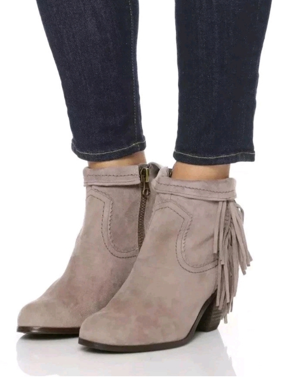 Sam Eldeman Taupe Suede Fringe Ankle Boots